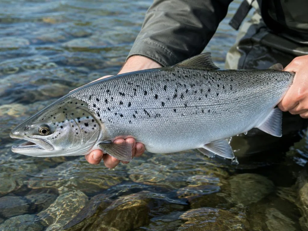 Saumon atlantique argenté aux taches noires en forme de X tenu au-dessus d'une rivière claire