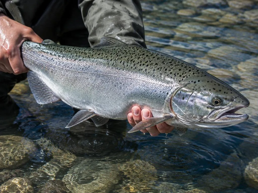 Gros saumon chinook argenté aux flancs tachetés tenu au-dessus d'une rivière de l'Ontario