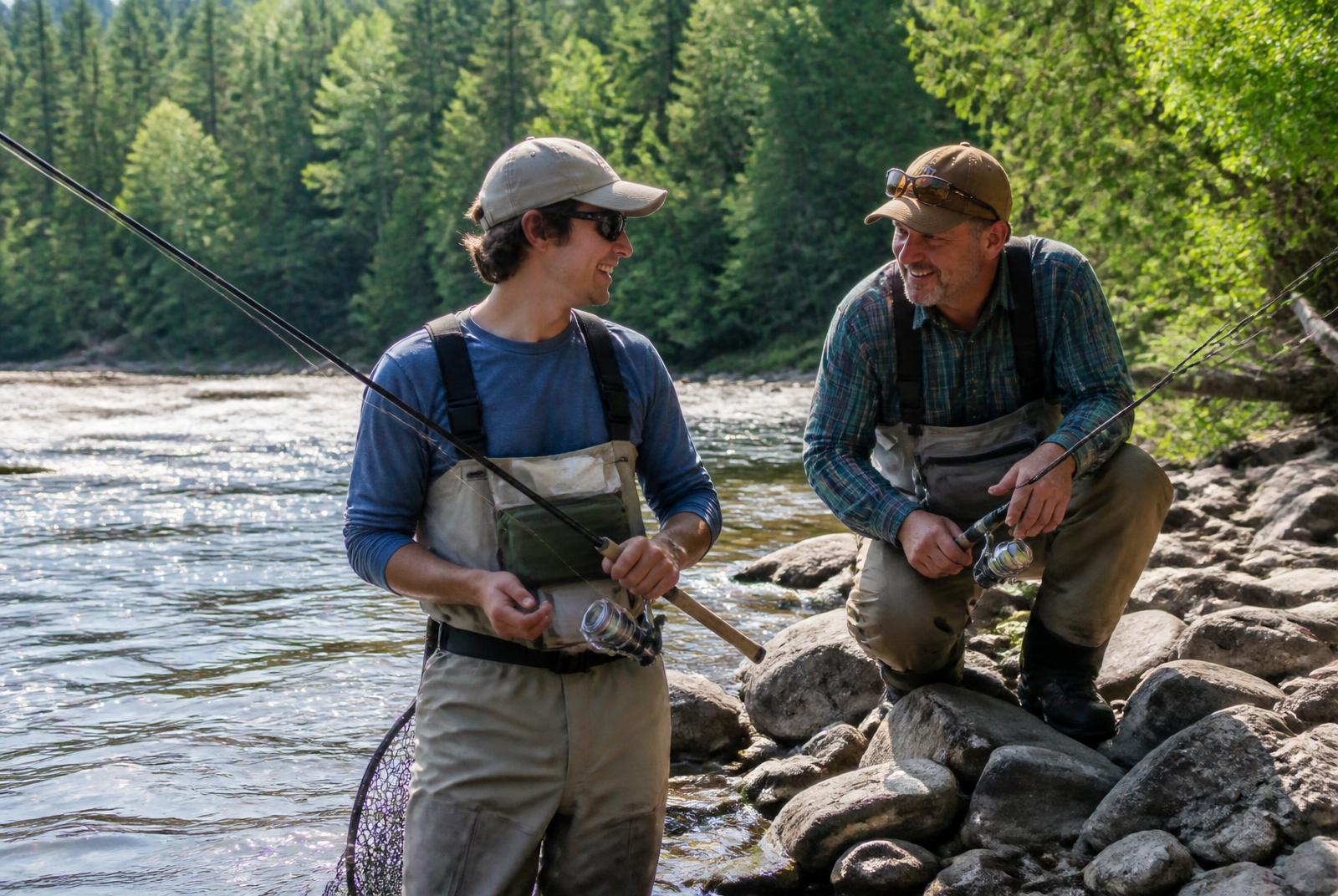 Guide de pêche expliquant une technique de lancer léger à un pêcheur débutant au bord d'une rivière