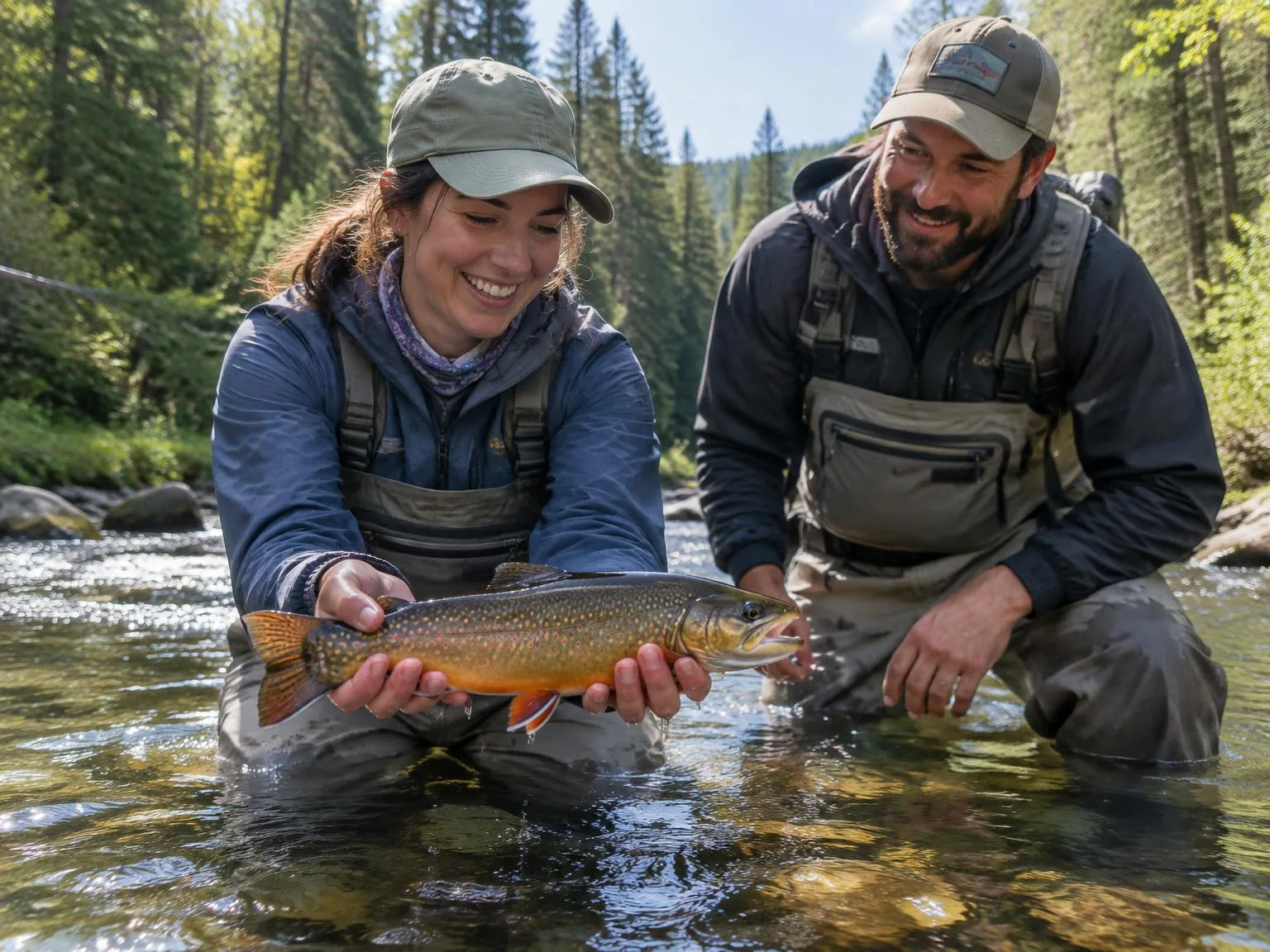 Pêcheuse et guide avec une truite mouchetée lors d’une sortie guidée dans les Laurentides