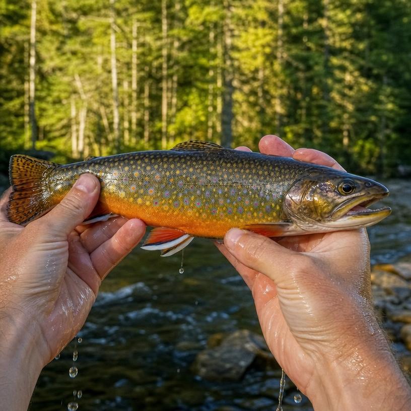 Truite mouchetée tenue dans les mains d'un pêcheur