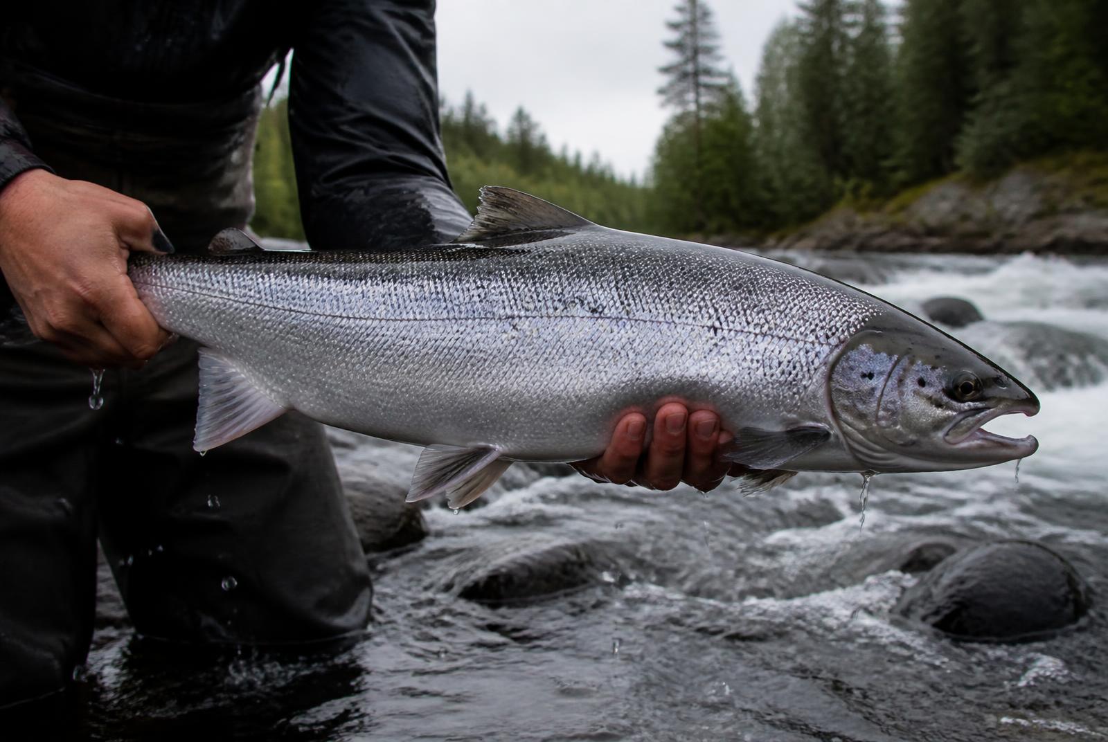 Ouananiche (saumon atlantique d'eau douce) argentée tenue au-dessus d'une rivière des Laurentides