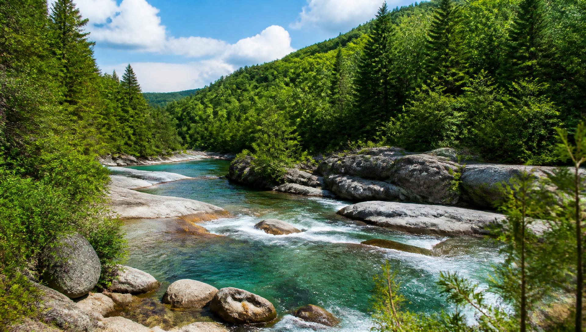 Rivière sauvage des Laurentides aux eaux claires, entourée de forêt, secteur de pêche à la truite